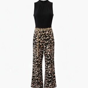 Avenue Wide Leg Sleeveless Black and Leopard Print Stretch Jumpsuit Size 14/16